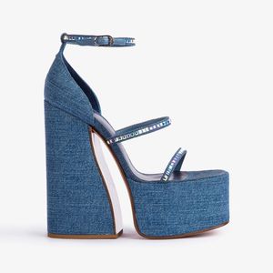 Sheepskin Leather 2024 Gladiator New Sandals Chunky High Heels Pumps Women Denim Summer Buckle Platform Peep-toe Open Toes Round Toe Diamond Narrow Band Siz 69267