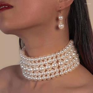Choker Pearl Necklace Pendant Multi Layer Torques Exquisite Set Dubai Wedding Bridal Jewelry Luxury Women Fashion Collar