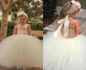 2018 Bling Bling Rose Gold Sequin Flower Girl Dresses Cute Ivory Halter Golvlängd Bollklänning Billiga Little Girls Pageant Dresses3147226