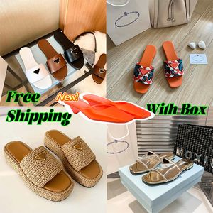 Gratis frakt med låda kvinnliga designers tofflor Sandaler Designerskor Flat Slides Flop Flops Summer äkta triangelläder loafers Bath Sandal Slippers Sandale