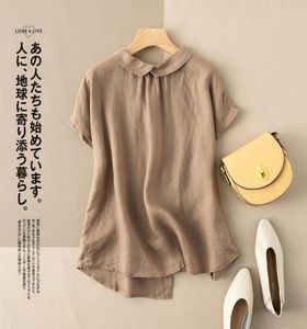 Summer New Mody Women Women Manga curta Camisetas soltas Allmatched casual Peter Pan Collar Cotton Linen Blouse Plus Tamanho M156 21031591497773