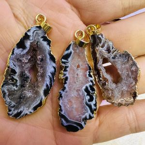 Pendant Necklaces Natural Slice Agate Druzy Female 2024 Gold Plated Big Grey Polish Slab Hole Geode Drusy Stone For Women Necklace