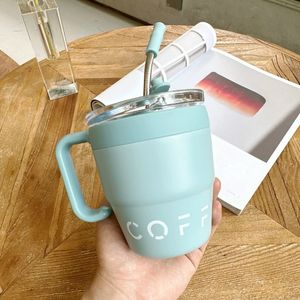 Kaffeetasse mit Strohdeckel Edelstahl Thermosemien Tasse für heiße kalte Getränke Wasser Tee Milch Büro Outdoor 480 ml tragbare Flasche