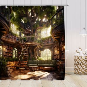 Vintage Library Shower Curtains Magic Bookshelf Books Gohic Arch Door Modern Royal Library Bookcases Bathroom Curtain Decoration