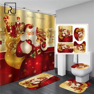 カードレッドサンタクロース印刷されたクリスマスシャワーカーテンセットバスマットアンチスリップカーペットバスルームパーティションウォータープルーフの家の装飾
