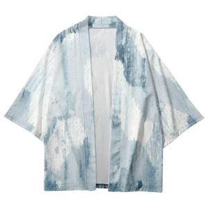 Randig slipsfärgning tryckta par män kvinnor kofta cosplay yukata streetwear lösa japanska kimono strand shorts skjorta haori