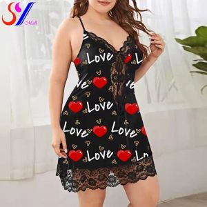 Klänningar Kvinnors underkläder Sling Nightdress Sexig underkläder Kvinnor Nightie Sleepwear Nightdress Printing Satin Sleep Nightrowns Plus Size