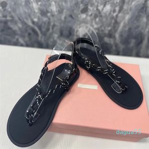 2024 Spring Summer Women Flat Sandals Runway Designer Patch Toe Hemp Hemp Rope Weaving Buckle Strap Outsid