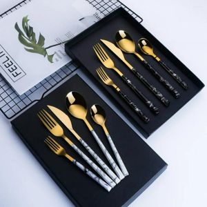 Dinnerware Sets Kitchen Supplie Stainless Steel Marbled Wood Handle Knife Fork And Spoon 5 Piece Deluxe Premium Steak Dessert Cutlery Set