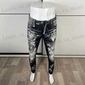 Men's Jeans High Strt Fashion Men Jeans Retro Black Gray Elastic Slim Fit Ripped Jeans Men Painted Designer Hip Hop Brand Pants Hombre T240409