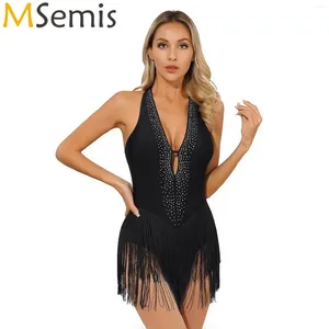 STEGSLÄT KOMENS SKAND RHINESTONE TASSEL BALLET LATIN DANSLEATARK KLÄNNING DEP V NACK Rygglös fransad bodysuit Performance Costume