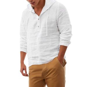 Herren Polos mit Kapuzenhemd mit Kapuzenhemd Sommer Baumwolle Leinen Hemd Langarmed Sod Button Hemd Travel Arbeit Stil Atmungsaktivem schlanker Topl2405