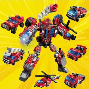 496 st om förvandlar robotbyggnadsblock 6 i 1 City Fire Truck Fordon Assembly Diy Toys War Mecha Model Bricks Kids Holiday g