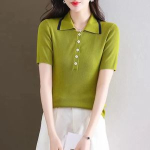 Womens Polo Collar Summer Button Screw Thread Short Sleeve Pullover Tshirt Knitted Thin Versatile Elastic Bottom Tops 240409