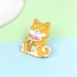 Cartoon fashion creative Corgi holding a large cup of pearl milk tea drinking creative brooch jeans bag versatile pin badges