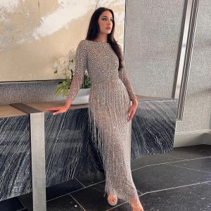 Sharon Said Luxury Beading Tassel Silver Nude Dubai Evening Dress Long Sleeves Muslim Arabic Women Party Gown