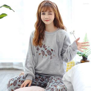 Home Clothing Jinuo Einfacher Stil grauer Cartoon Frau Winter Pyjamas Sets Nachtwäsche Weiche Flanell warme Pyjamas Anzüge für Femme Damen