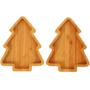 Decorative Figurines 2 Pcs Christmas Tree Tray Bamboo Food Plate Xmas Shaped Dish Jewelry Serving Wood Set