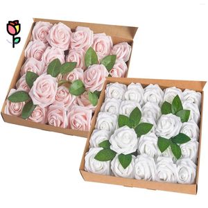 Decorative Flowers 50pcs Artificial Rose White Mix Pink Bouquet Wedding Home Decoration Fake Roses With Stem Bridal Centerpiece Arrangement