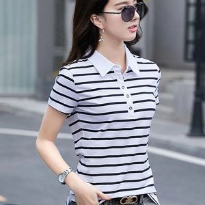 Summer Womens Polo Shirts Cotton Short Sleeve TShirt Female Breathable Striped Tops tees Fashion Black lady tops M4XL 240409