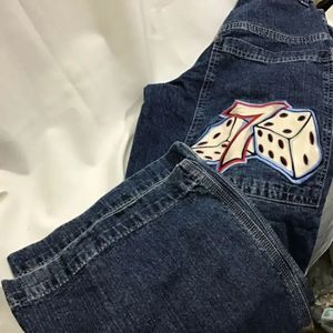 Streetwear Jnco Jeans Y2K Hip Hop Number 7 Dice Graphic Hafted Retro Blue Worbgy Mens Womens Wysoka talia Spodnie 240401