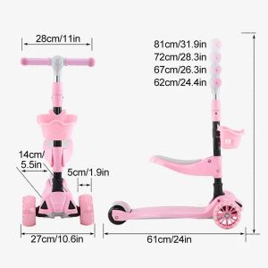 3 in1 Children's Kick Scooter 3 Wheels Folding Baby Flash Rideable and Slippery Scooter with Adjustable Handlebar for Children