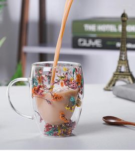 Weingläser 2024 Modedesign echte Blumen Muschel Glas Tasse Griff rund Wasser Milch Home Becher Doppelschicht Büro Kaffeetassen