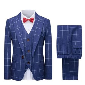 Boys Formal Slim Fit Plaid Dress Suit Set Kids Blazer Vest Pants Bowtie Outfit Child Wedding Birthday Pography Costume 240401