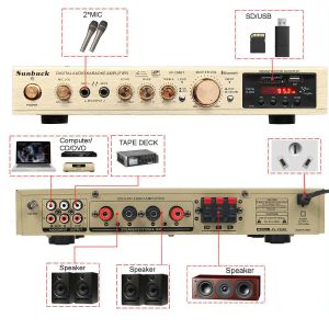 Sunbuck 2200W Channel Bluetooth Home Cinema усилитель мощности Hifi стереодинамика AMP поддержка FM Radio 2 MIC USB SD вход