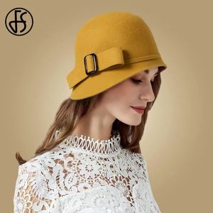 FS Women Black Wool Feel Cloche British Top Bucket Hat z Bowknot szeroko brzegi melonik Fedoras Ladies Yellow Flooppy Derby Hats 240325