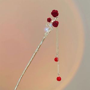 Chinesische Haarstange rote Rose Blumenhaarnadelentiaras für Frauen Quasten Metall Tiaras Klassische Mädchen Haarbrötchen Schmuck Mädchen Retro Bijoux