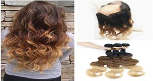 1B427 Honigblonde Ombre vorgezogene 360 Full Lace Frontal -Frontalverschluss mit 3Bundles drei Ton