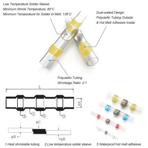 600PCS防水熱収縮バットワイヤーコネクタ錫メッキ銅はんだシール端子サーマル収縮スリーブスプライス