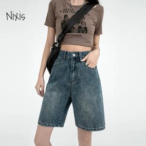 Retro Denim Şortları Kadınlar Yaz Yüksek Bel Beş Noktalı Pantolon Gevşek Düz Aline Yarım Koreli Tarz Giysileri 240409