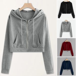 Zipper Sweatshirts Coat Women Autumn Casual Solid White Long Sleeve Short Hooded Sweatshirt Women Hoodies Tops Sudadera Muje