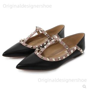 Sıradan Ayakkabı Femme T-Strap Stud Flats Posty Toe Yenilik Amerikan ve Avrupa Styles Ayakkabı Parlak Mat El Yapımı Slip-Ons Siyah Mavi T240409