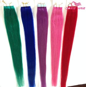 säljer silkeslen rak tejp hårförlängningar blandar färger rosa rödblå lila grön tejp i mänskligt hårband på hår1132926