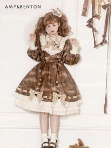 Casual klänningar söt retro långärmad lolita klänning för kvinnor våren kawaii tecknad tryck båge smal boll klänning söt student flicka