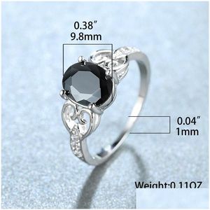 Rings Vintage Female Black Crystal Stone Ring Classic Sier Color Thin Engagement For Women Small Oval Hollow Drop Delivery Jewelry Dhlae