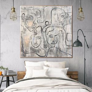 Soyut Yüzler Tuval üzerine Yağlı Boyalar El Boyalı Beyaz Figüratif Sanatlar İnsanlar Tuval Boyama Minimalist Duvar Sanatı Salon için indie oda dekoru ev