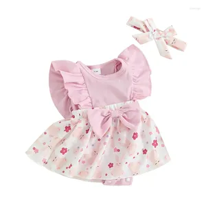 Kleidungsstücke Sets Ostern Kleinkind Baby Mädchen Strampler Rüschen Ärmelkleid mit Stirnband Sommeroutfits Kleidung