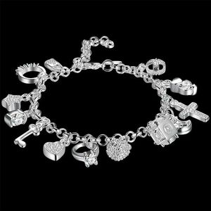 Bangle Hot Solid 925 Sterling Silver Armband Womens Crystal Heart Star Cross Pendant Wedding Party Christmas Gift Fashion Jewelry YQ240409