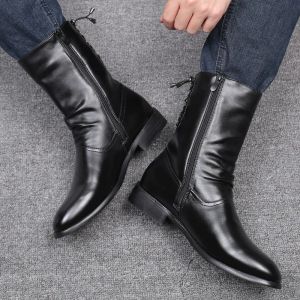 Boots New Fashion Mens Nightclub Motorcycle Midcalf High Boots Cow Leather Shoes Autumn Winter Long Botas Masculina Calzado Hombre