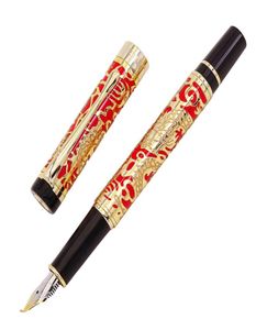 Jinhao 5000ヴィンテージメタル書道噴水ペンベントニブ美しいドラゴンテクスチャカービングゴールデンレッドオフィスPen8307243