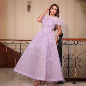 Arabic Lilac A-Line Ankle Length Beaded Feather Luxury Evening Dresses Gowns For Women Party