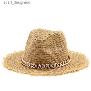 Breite Krempelnhüte Eimer Hats natürliche Panama Weiche Strohhut Sommer Frauen/Männer Goldkette Breitkremp Beach Sun Cap UV Schutz Fedora Hut Mädchen Jazz Hat Y240409