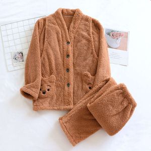 Sleepwear Women's Winter New Long Plush Cardigan Breastfeeding Set Korean Sweet Pocket Bear Flannel Home Fur