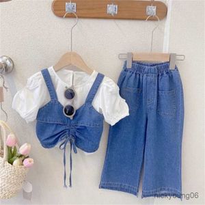 Kleidung Sets Girls Denim Sets Mode Sommerkinder Kleidung Tops+Cowboy-Hosenträger+Weitbeinhosen 3pcs Outfits Kinder Vintage Anzüge 3-8 Jahre