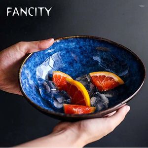 Bowls FANCITY Japanese Blue Special Shaped Bowl Creative Soup Noodle Irregular Fruit Salad Ceramic Rice Household