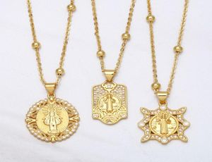 Pendanthalsband Flola Pärlkedja Saint Benedict Medal Necklace Copper Zircon White Stone Short Gold Plated Katolska smycken NKEA1041665